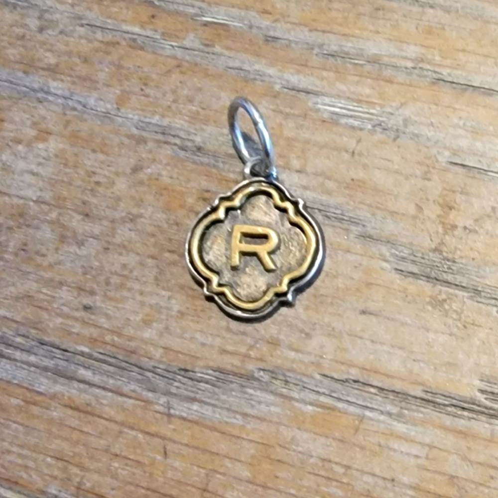 Waxing Poetic Silver, gunmetal and brass 3/4" R initial pendant. Great condition